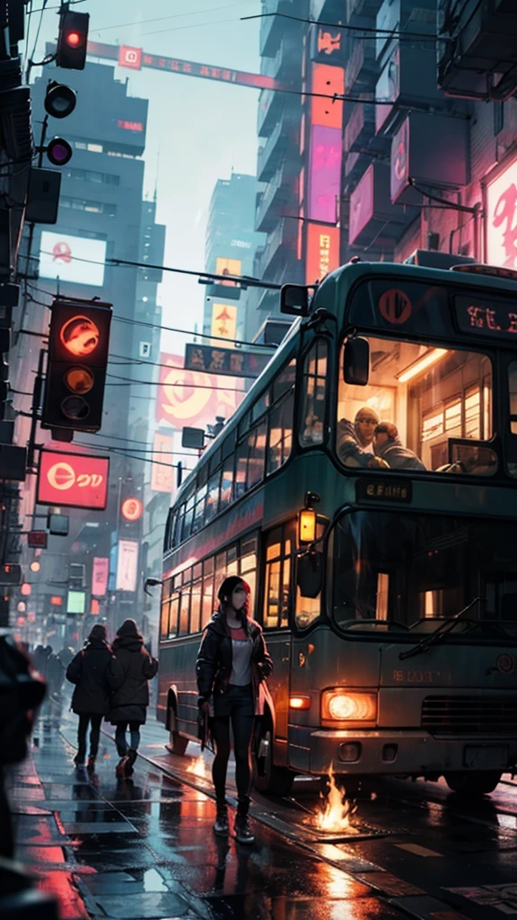 Cyberpunk burning bus