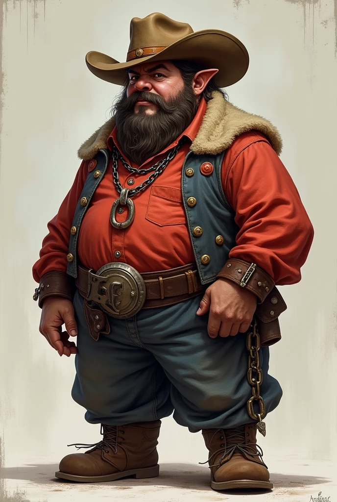 A fat northeastern dwarf with a cowboy hat, a red blouse and chains