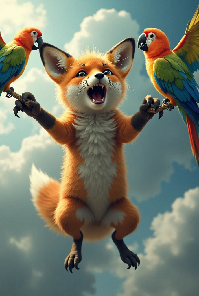 Panicked fox coming down from heaven to earth on a rope, parrots biting the rope, fox desperate to chase them away with his front paws