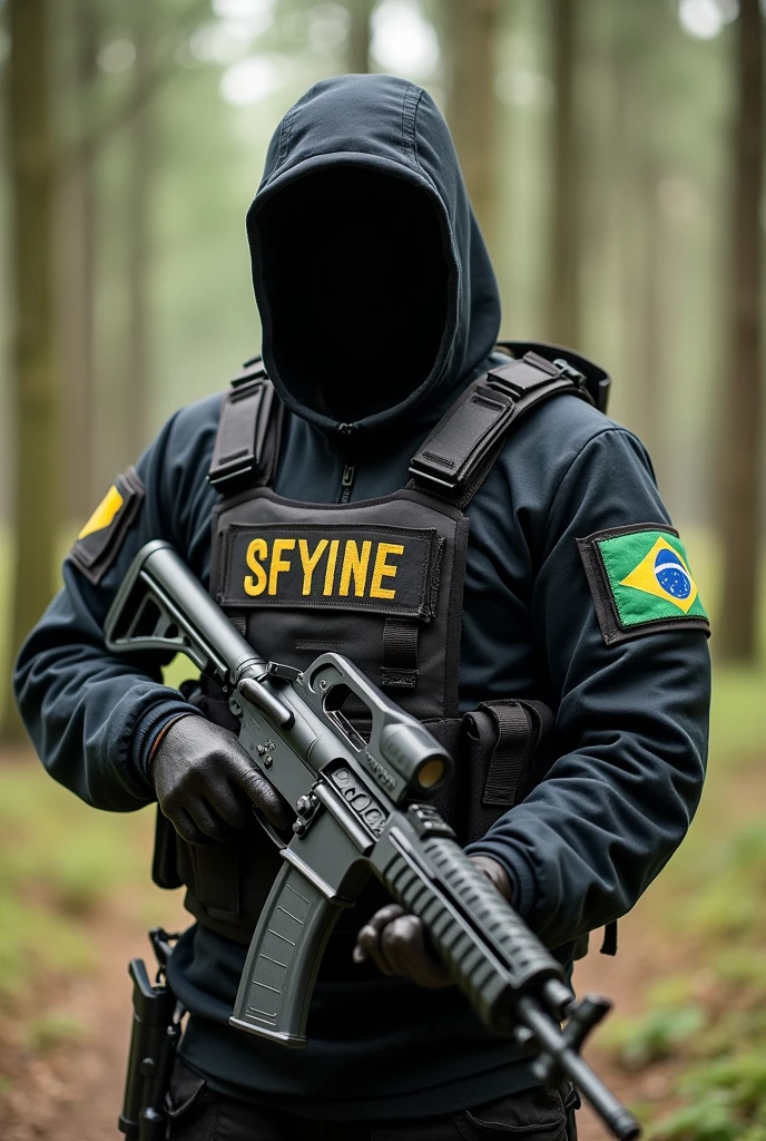 A counter terrorist with all the utilities and his clothing written "SFINE" in bulletproof vest and holding a Steyr AUG assault rifle without showing his face, Brazilian flag on arm, and the location of the photo in an open forest.