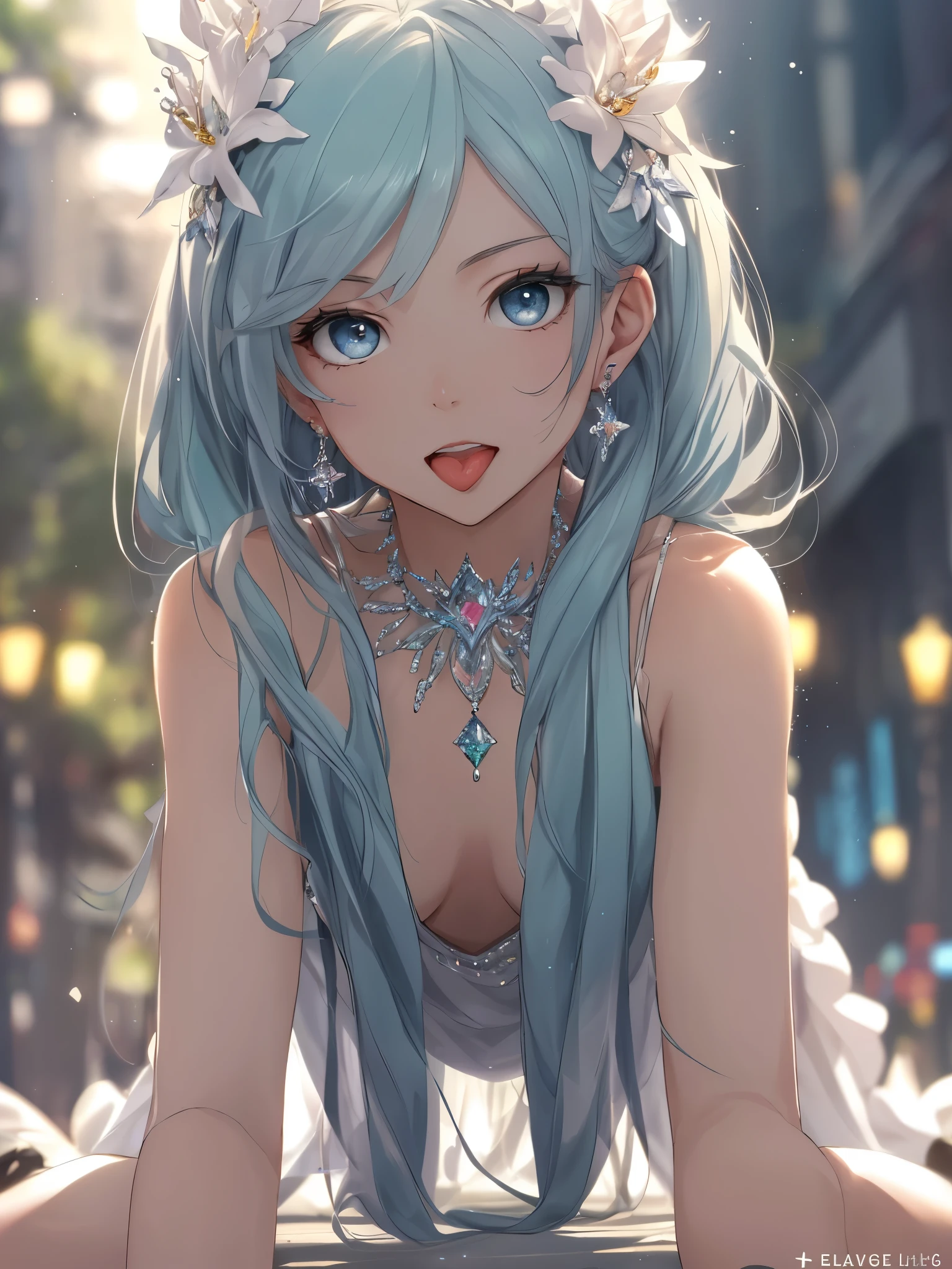 masterpiece, highest quality, figure, alexandrite eyes and hair, platinum earrings, Platinum Necklace, white dress, The Little Mermaid, cute, (dynamic lighting:1.2), cinematic lighting, delicate features, fine eyes, sharp pupils, realistic student, Depth of bounds written, Bokeh, sharp focus, (very detailed, bloom, shine:1.4), Many Small Gems, hatsune miku, wear school, on all fours, big tits, showing the tongue
