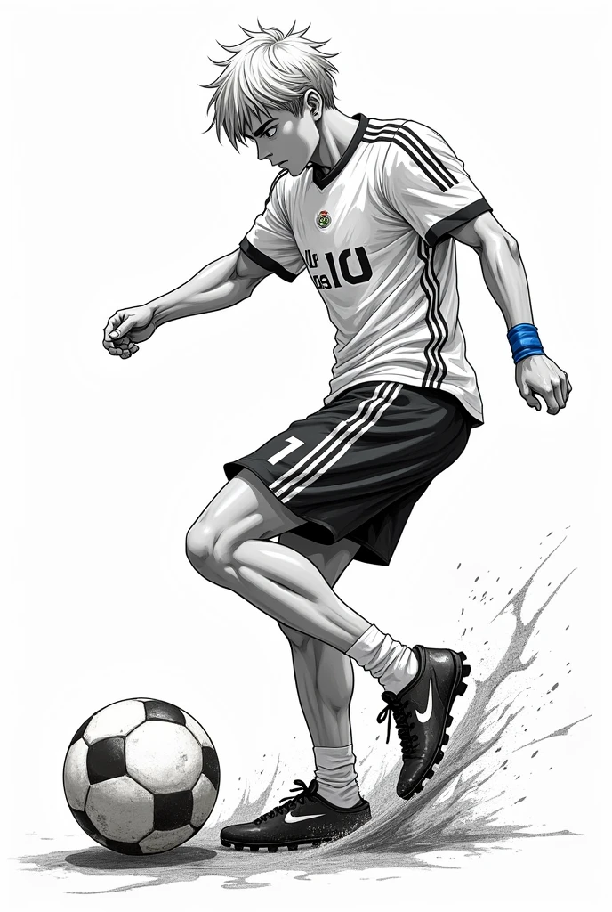 A black and white manga cover, with the protagonist on a completely white background, kicking a soccer ball, while the protagonist looks at the ball with a look of fury and determination. With the manga name highlighted "Goal Frenzy". The appearance of the protagonist is a young MALE of tall stature and has an athletic build with defined muscles.. Her hair is short and blonde, with a fringe that falls over the forehead, and your eyes are light green, full of determination. He wears the number 10 jersey for the Real Madrid football team and often has a blue and white band around his wrist..