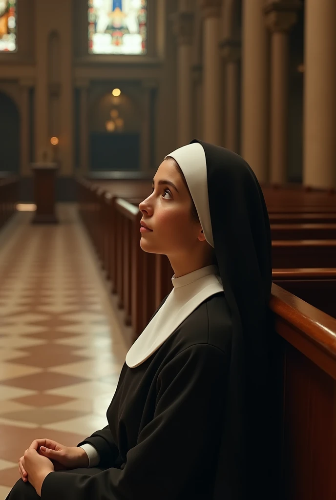 a young and beautiful nun, kneeling and looking up, at the altar of a chapel, shot from above, (detailed face, extremely detailed eyes and face, high-quality, 8k, photorealistic, masterpiece:1.2), (close-up, high-angle shot), ornate cathedral interior, stained glass windows, warm lighting, serene atmosphere, religious, spiritual, devotion, contemplative