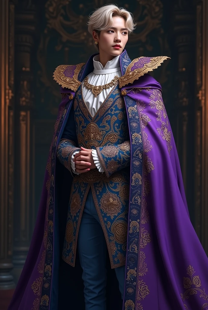 Jimin from bts dressed as royalty, very elegant, purple and blue, black for his bestiary, shirt with royal designs 