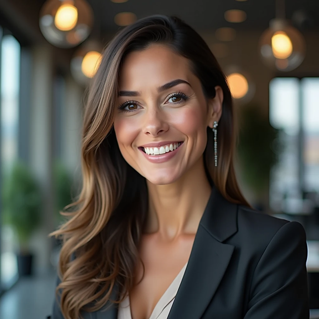 Create a smiling woman, confident and successful, in a modern professional environment. Add subtle elements of lights or glitter to highlight the inspiration.


