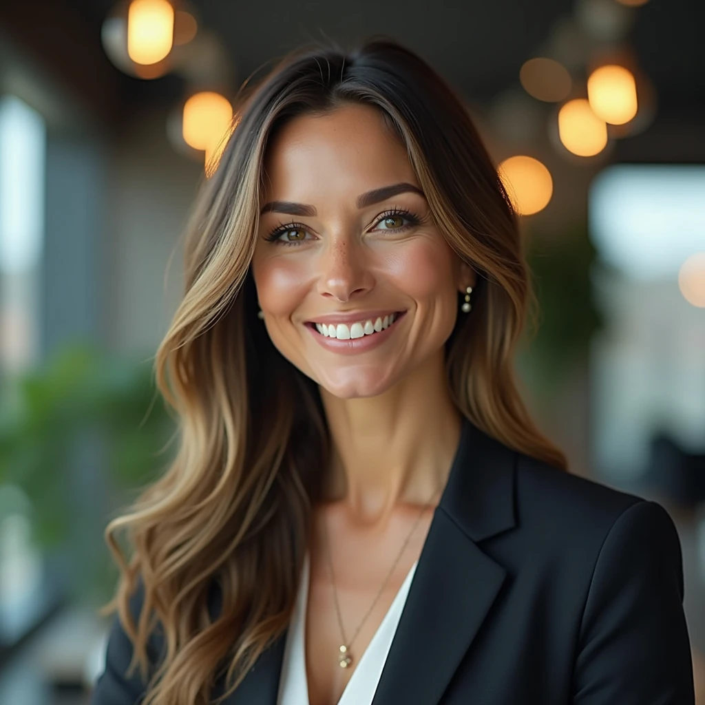 Create a smiling woman, confident and successful, in a modern professional environment. Add subtle elements of lights or glitter to highlight the inspiration.