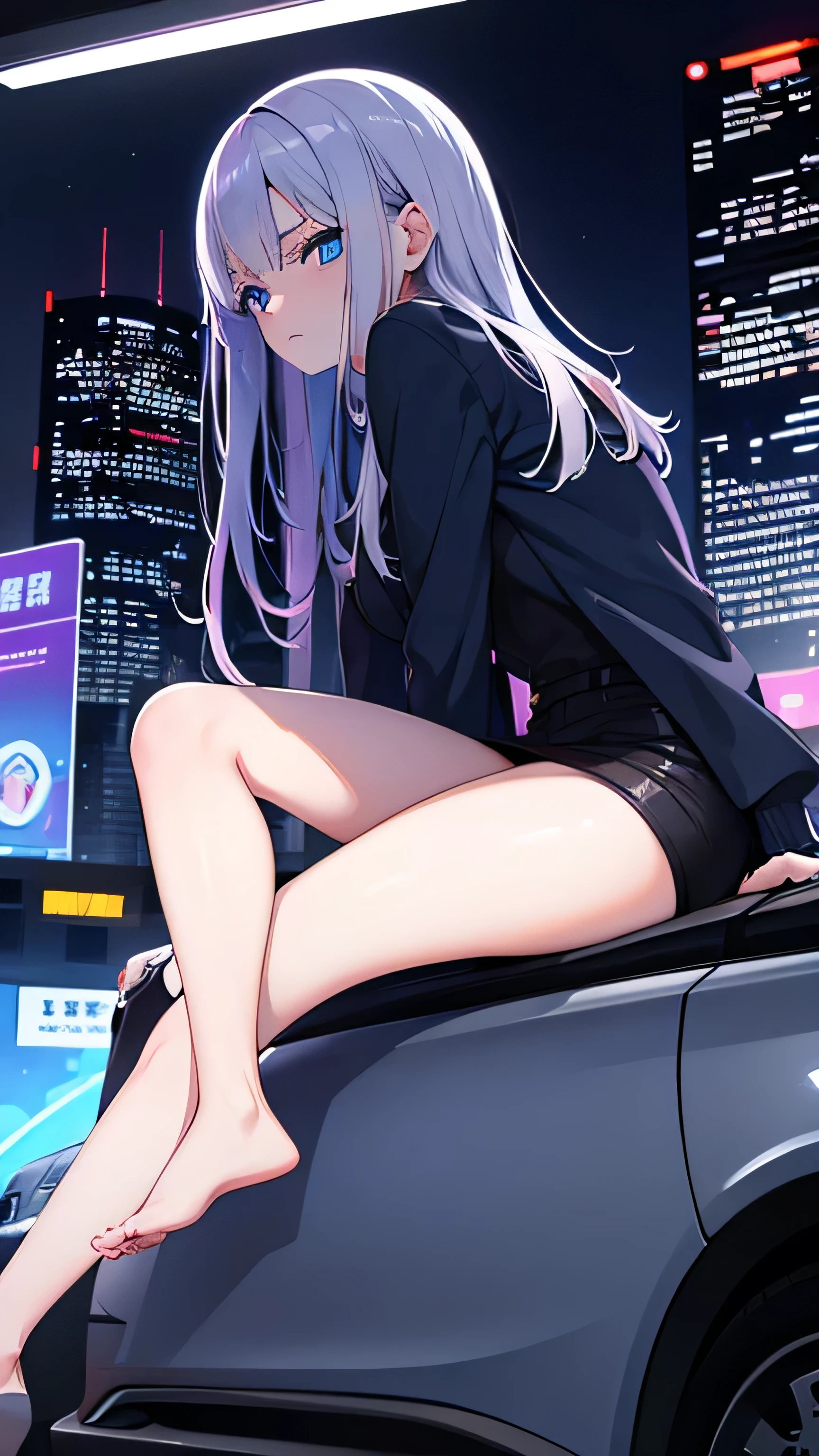 une fille, anime style, blue eyes, bionde, regard perdu, Grieving, she smokes, assise sur une voiture, la nuit, facing a cyberpunk city, it's snowing, Aesthetic
