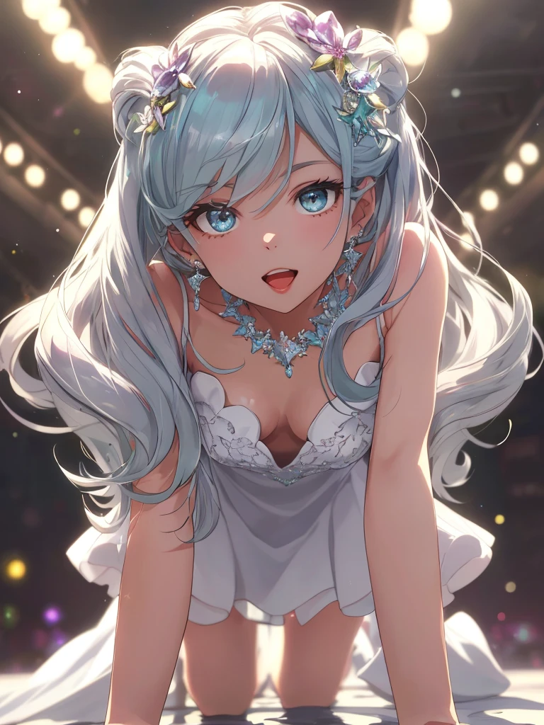 masterpiece, highest quality, figure, alexandrite eyes and hair, platinum earrings, Platinum Necklace, white dress, The Little Mermaid, cute, (dynamic lighting:1.2), cinematic lighting, delicate features, fine eyes, sharp pupils, realistic student, Depth of bounds written, Bokeh, sharp focus, (very detailed, bloom, shine:1.4), Many Small Gems, hatsune miku, wear school, on all fours, showing the tongue, big tits
