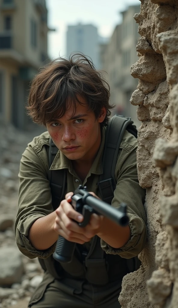 (raw photo, best quality) , (Realistic, photo-realistic: 1.3), Extremely formidable, general plan, masterpiece, ultra-detailed, high resolution, Best illustration, best shadow, complex, depth of field, war, war, Scary, Scary, Lonely, Man 1 (male), 19 years old, Brown and dirty hair, Clothes torn, injuries on his body, marks on his face, ruined environment, the boy hides behind a destroyed wall, he holds a revolver in his hand, He tries to look behind the wall to see if there are people, Volumetric, 8k, DSLR, High quality, (film grain: 1.4), Fujifilm XT3, Night, night