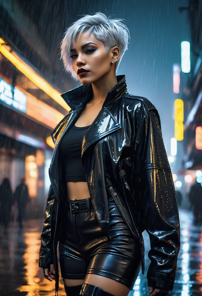 light skinned woman, with short silver hair (( in a cyberpunk city)) ((Raining)) ((with black clothes )) ((wearing black high boots)) ((at night))
