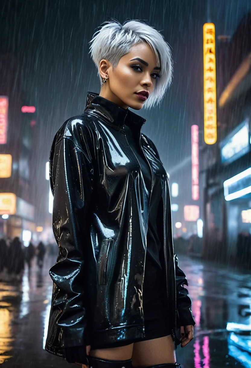 light skinned woman, with short silver hair (( in a cyberpunk city)) ((Raining)) ((with black clothes )) ((wearing black high boots)) ((at night))