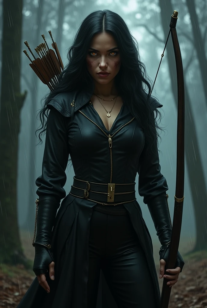 Make a slightly dark realistic image of an extremely beautiful woman, long black hair slightly wavy, golden eyes like gold, Curvy Body, she wore an all black spy outfit, more drawn to the medieval era, On her back she has a bow and arrow, the face with some bruises, and she is in a dark forest, it is raining very hard with lightning above the clouds, she has a scary and intimidating look 