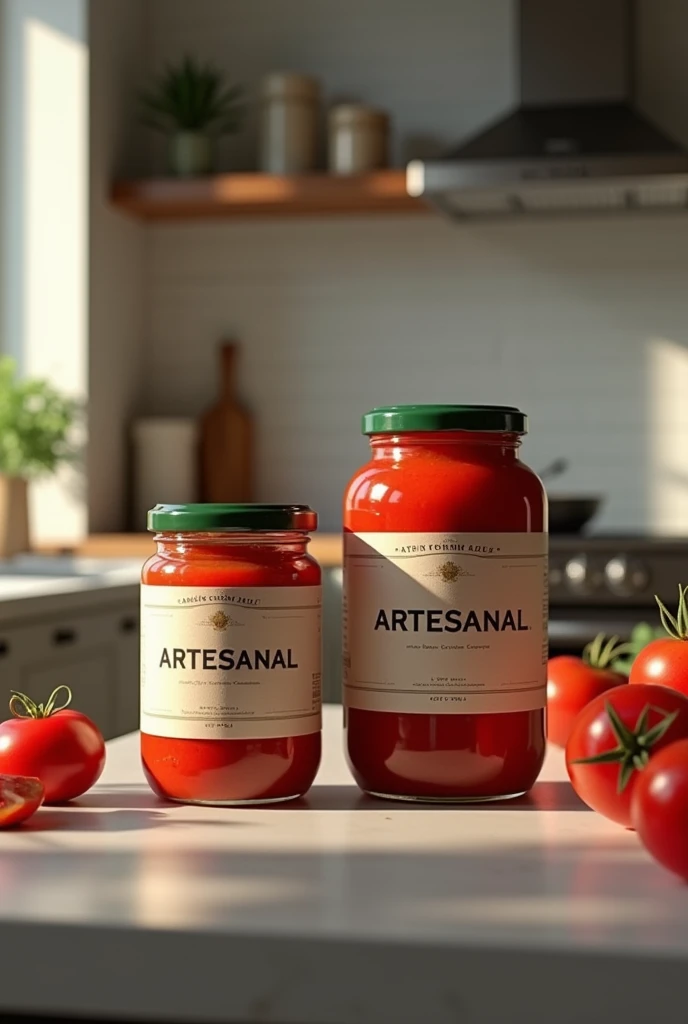 Create an image, 1 litre tomato sauce jar and a different 500ml jar,
With a label say the word:
ARTESANAL Write ARTESANAL correctly on the label Create the image in a modern kitchen,
And it looks realistic taken from a cell phone camera,
Make it look like advertising