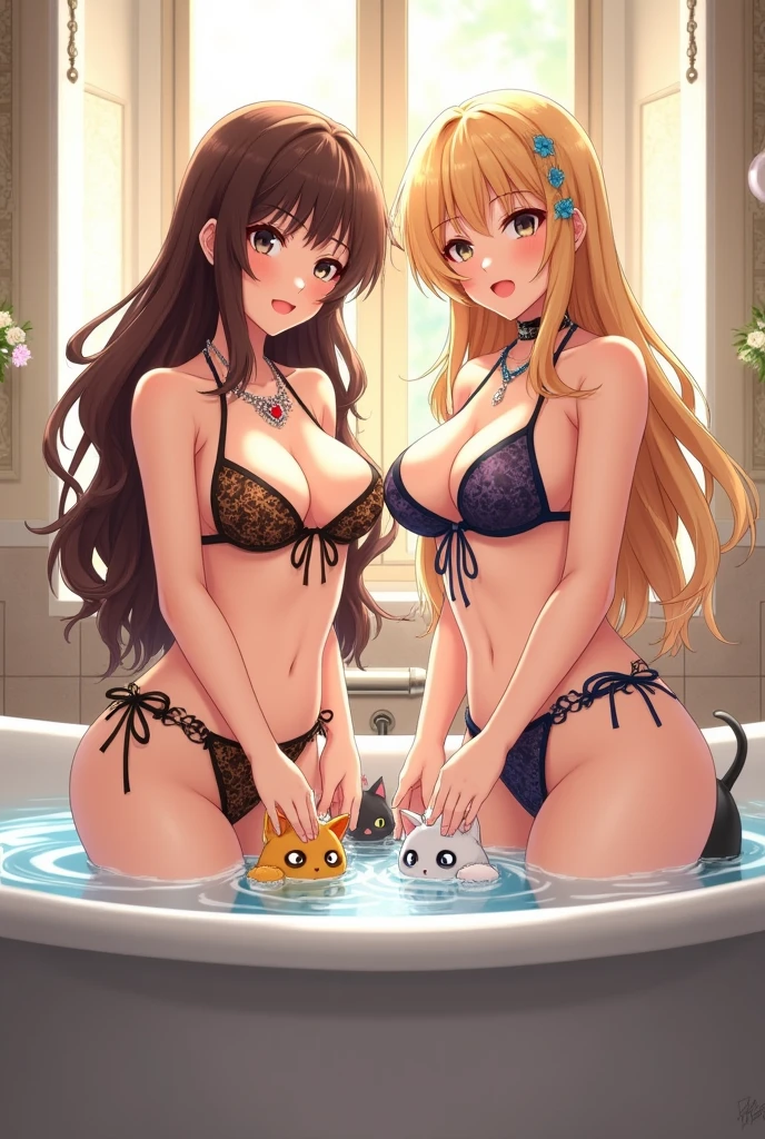 anime, 2 beautiful girls, standing, wearing bikini, D cups, butt, 1 brown long hair, 1 blonde long hair, cleaning cats in bathtub