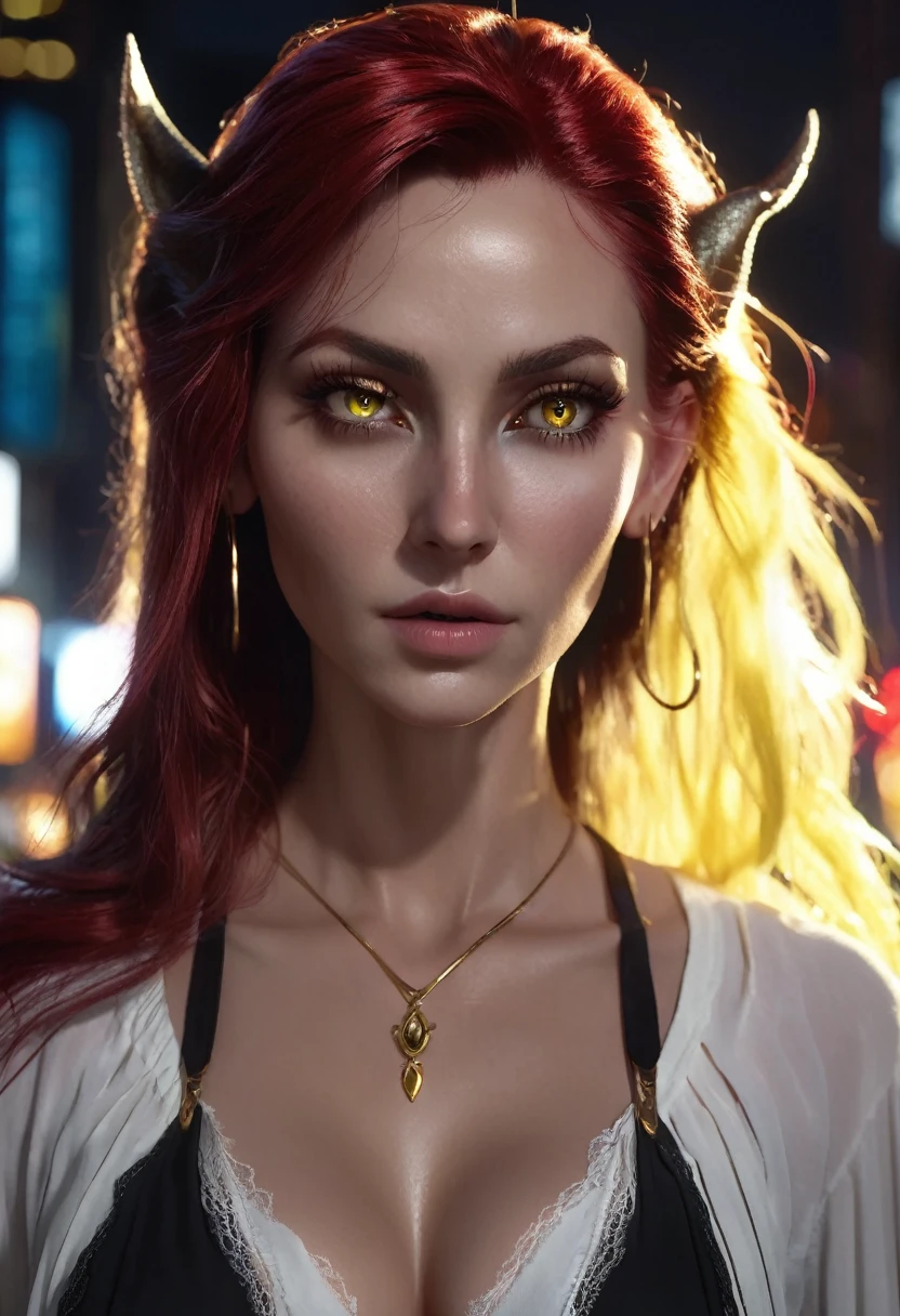 1 woman, inside a city at night, wearing a low-cut white blouse, feminine yellow eyes, detailed black skin, large breasts, hoops in her ears, long red hair, dramatic lighting, cinematic composition, dark palette, small elf ears, dark colors, atmospheric fog, thin chin, soft face, serious face, beautiful woman, adult woman, ultra realistic, adult woman (best quality, 4K, 8K, high-res, art: 1.2), ultra detailed (realistic, photorealistic, photorealistic: 1.37)