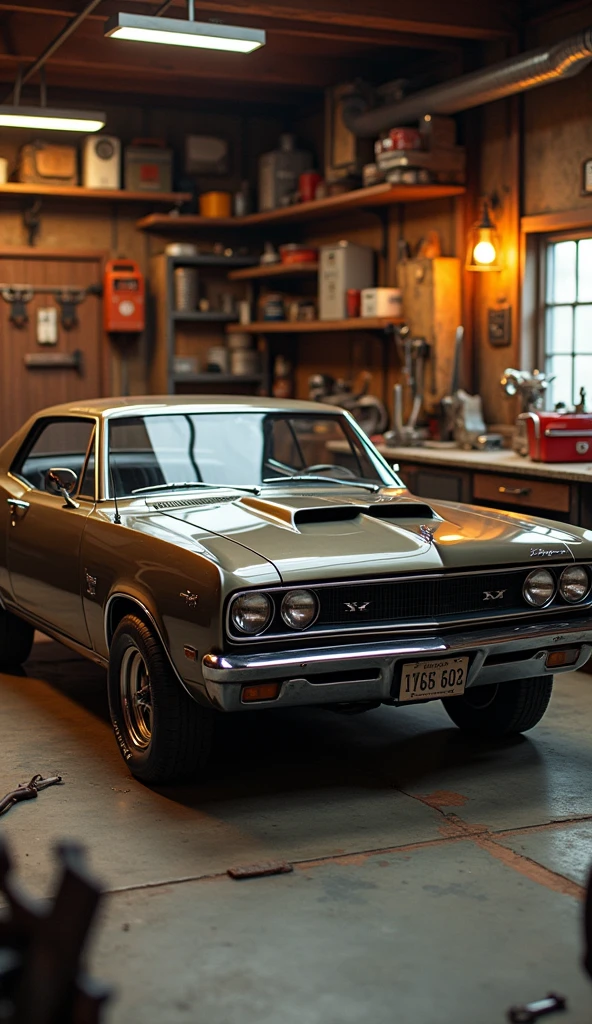 A classic muscle car in a retro garage, with soft lighting and vintage tools scattered around, giving off a nostalgic vibe.