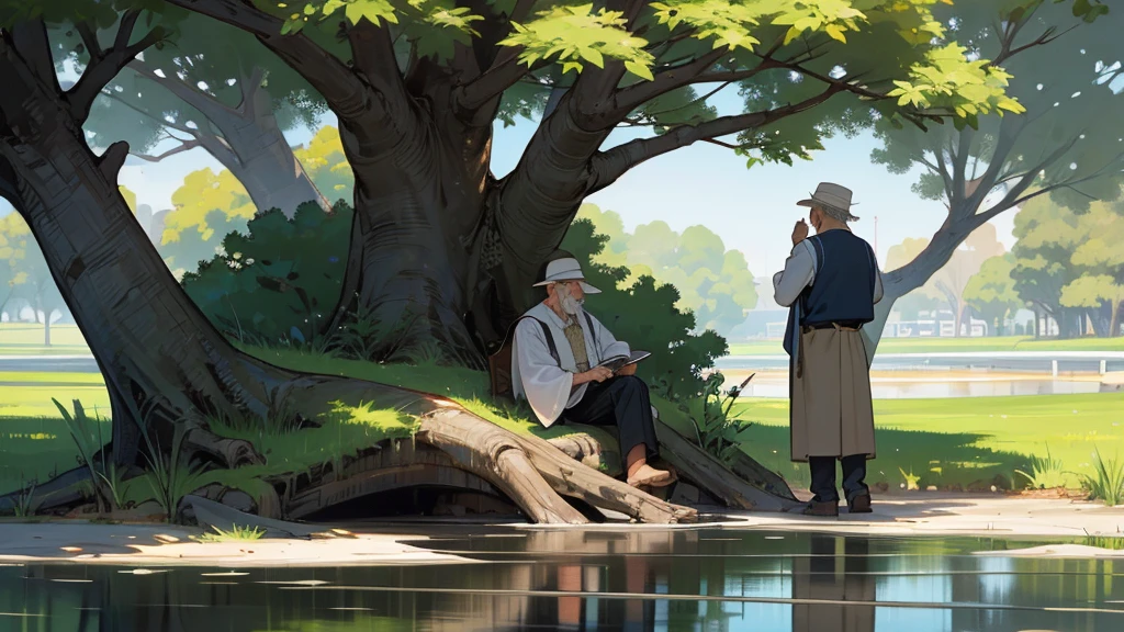 Side the River and under the tree a old man advice to a small boy