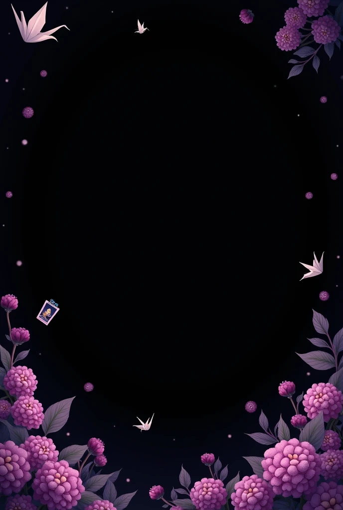 Create a romantic and empty black background for your letter, add references to Japan and references to acai fruit and references to tarot cards (all references on the sides of the image).