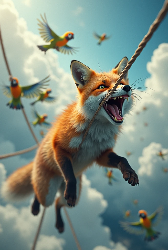 Panicked fox coming down from heaven to earth on a rope, parrots biting the rope, fox desperate to chase them away with his front paws