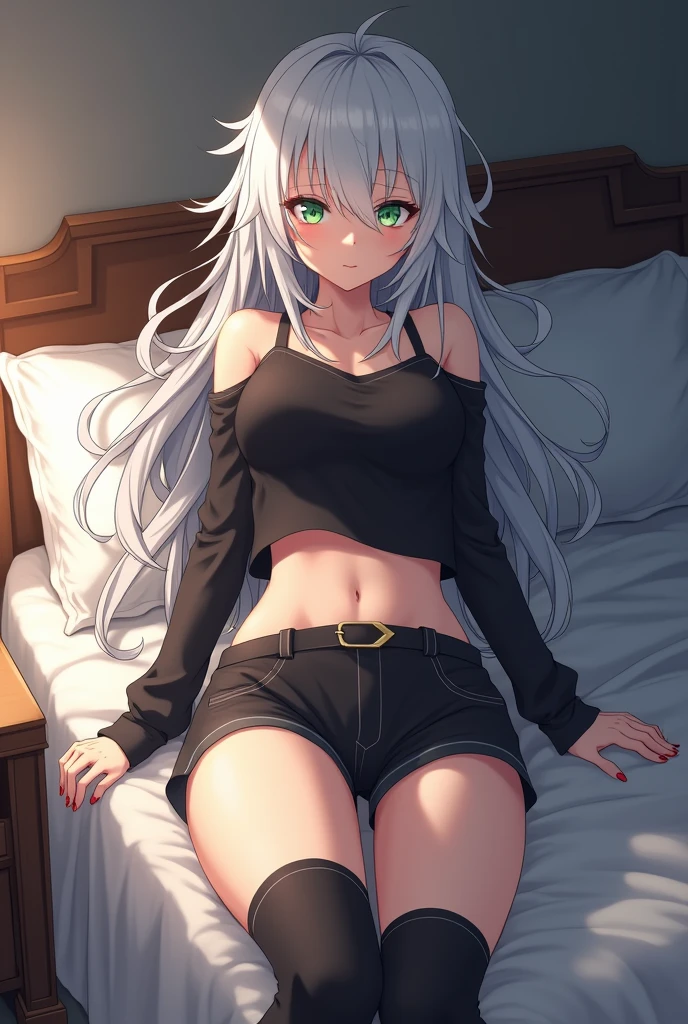 Anime woman, Genshin Impact, best quality, masterpiece, high res, light green pupils, 1woman, 8k, realistic, medium breasts, mature woman, messy room, on bed side, high knee socks, nonchalant expression, very messy white hair, narrow eyes, black crop top, black shorts, short hair with ponytail, whole body from head to toe view.
