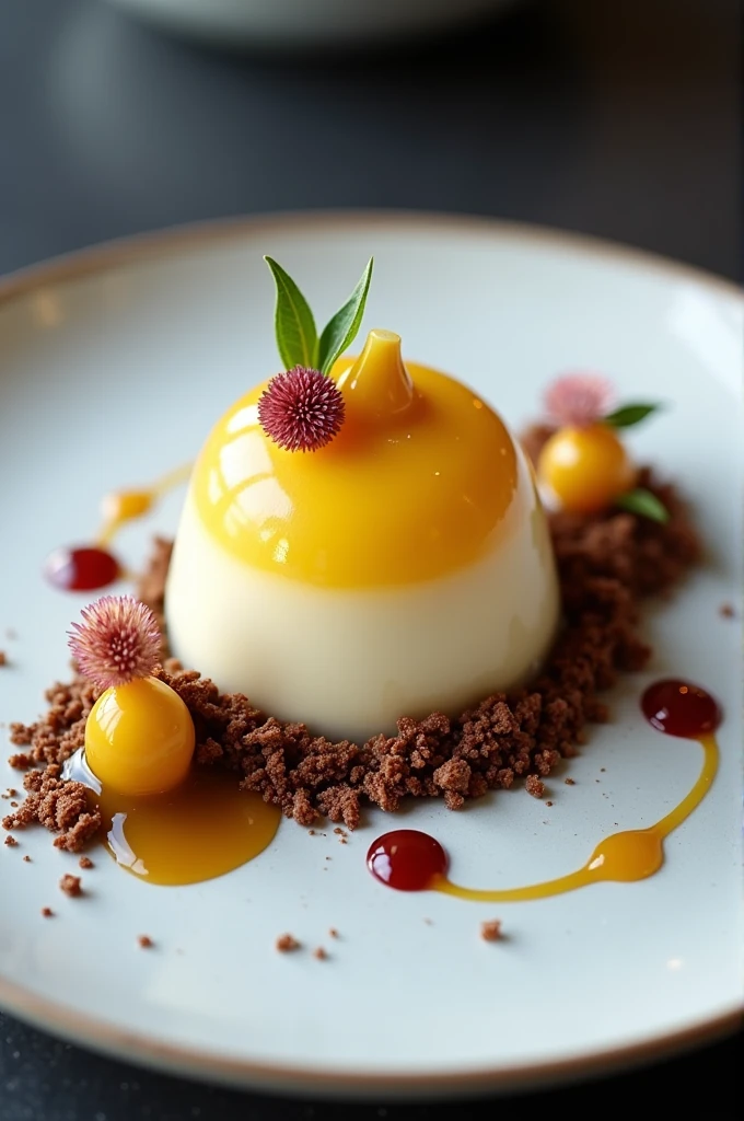 Professional plating of soursop mousse with a cocoa crumble and babaco coulis
