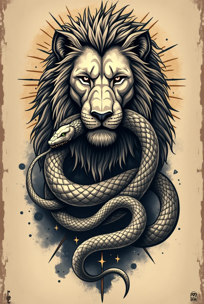 Tattoo with a lion holding Apollo's python snake in its mouth