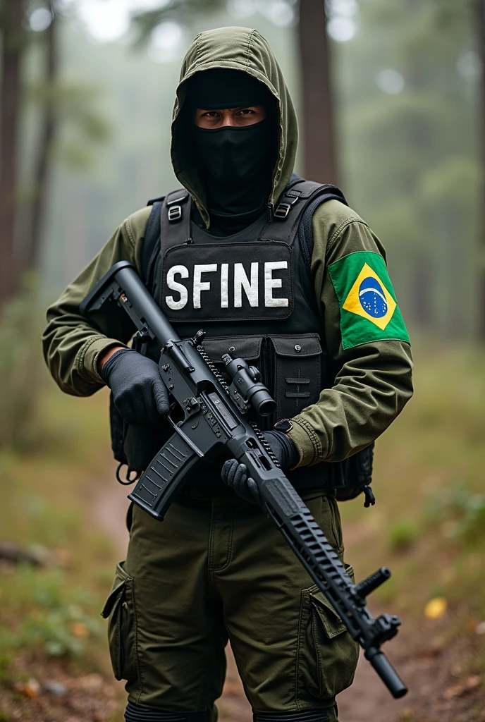 A counter terrorist with all the utility and his clothing written &#39;SFINE&#39; on the bulletproof vest and holding a Steyr AUG assault rifle,  Brazilian flag on arm,  and the location of the photo in an open forest.
