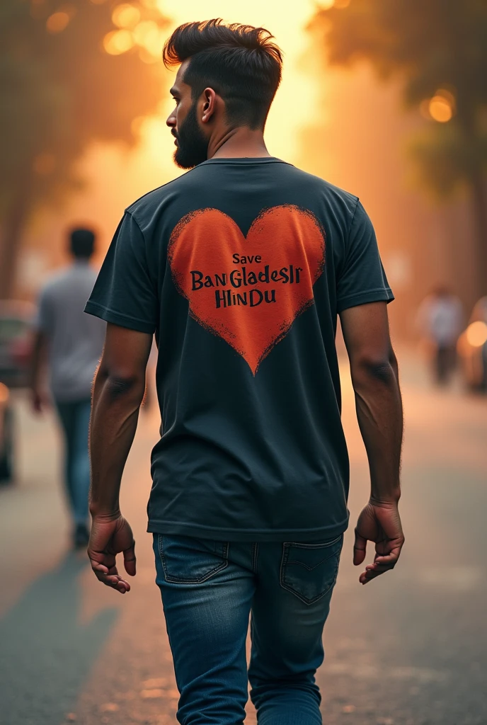 Save Bangladeshi Hindu write print t-shirt back side smart single boy walking road with blur background heart bukeh