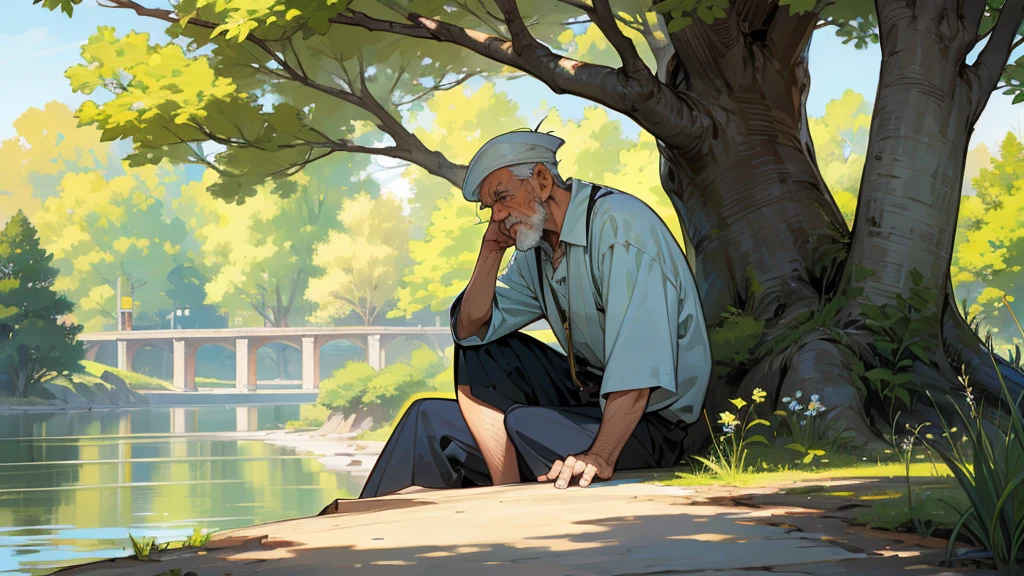 Side the River and under the tree a old man advice to a  boy ABUT TREE