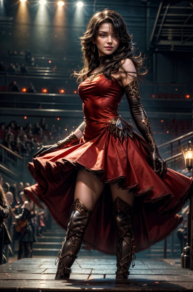 masterpiece, best quality,8k resolution,realistic,, 1 girl, Girl falling off Roman stadium, free falling, wear a red maid outfit, looks scared, long brown hair, detail eyes, detail hands and legs, different perspectives
