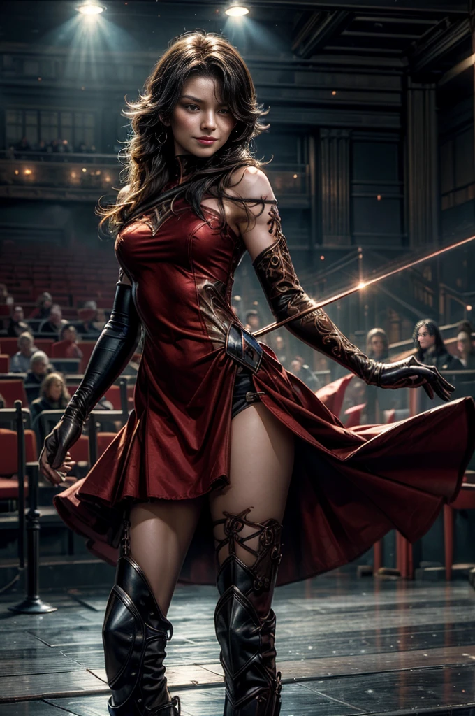 (masterpiece, best quality:1.2), cowboy shot, solo, 1girl, cinder fall, evil smile, looking at viewer, long hair, red dress, elbow gloves, pantihose, future_urban, standing in theater, orchestra, audience, crowd, (volumetric lighting), intricate details, tonemapping, sharp focus, hyper detailed
