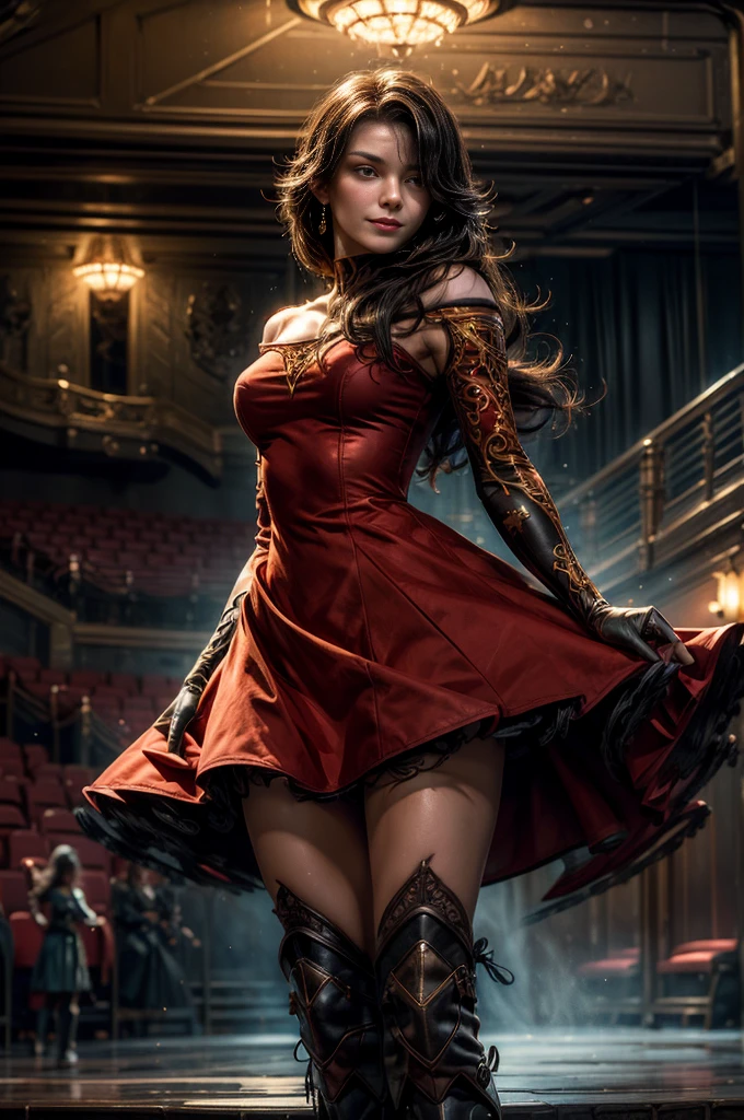 (masterpiece, best quality:1.2), cowboy shot, solo, 1girl, cinder fall, evil smile, looking at viewer, long hair, red dress, elbow gloves, pantihose, future_urban, standing in theater, orchestra, audience, crowd, (volumetric lighting), intricate details, tonemapping, sharp focus, hyper detailed