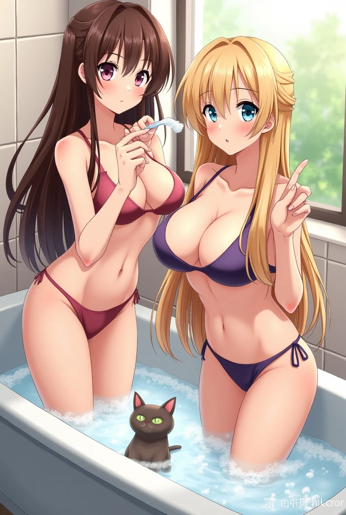 anime, 2 beautiful girls, standing, wearing bikini, D cups, butt, 1 brown long hair, 1 blonde long hair, cleaning cats in bathtub