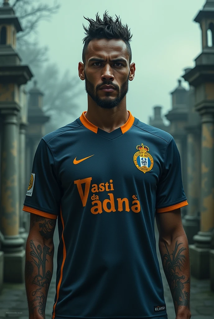 Create Neymar wearing Vasco's jersey in front of a cemetery-themed football stadium
