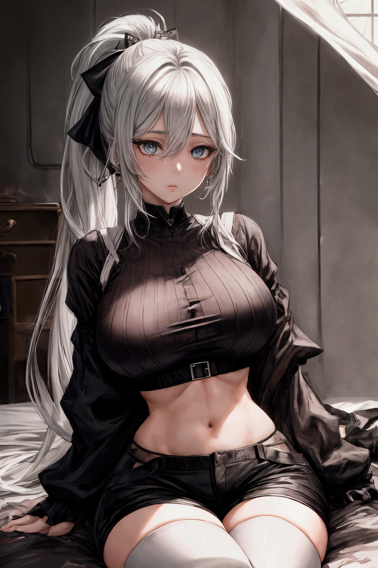 Anime woman, Genshin Impact, best quality, masterpiece, high res, light green pupils, 1woman, 8k, realistic, medium breasts, mature woman, messy room, on bed side, high knee socks, nonchalant expression, very messy white hair, narrow eyes, black crop top, black shorts, short hair with ponytail, whole body from head to toe view.