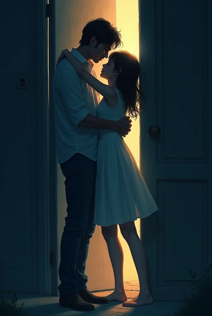 Man opening the door at night and found a girl besides the door and hug her lifting her