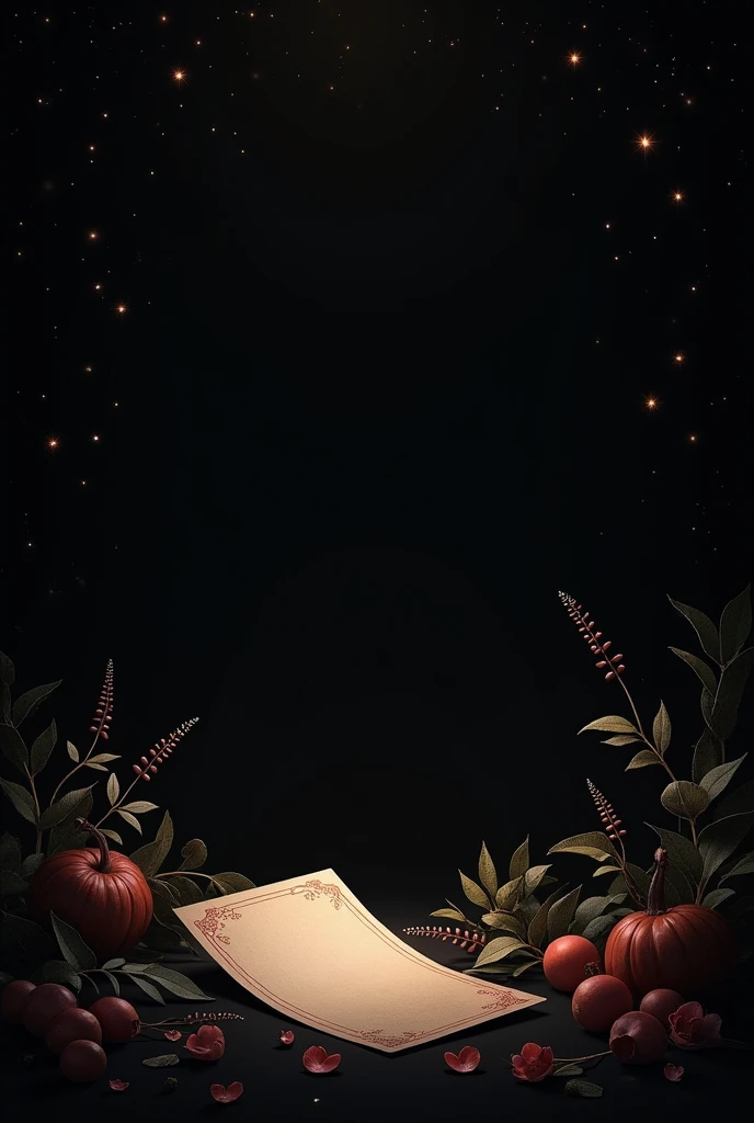 Create a romantic and empty black background with stars for your letter, add references to Japan and references to acai fruit and references to tarot cards (all references on the sides of the image).