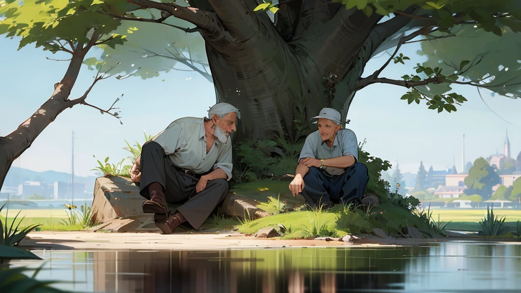 Side the River and under the tree a old man advice to a small boy