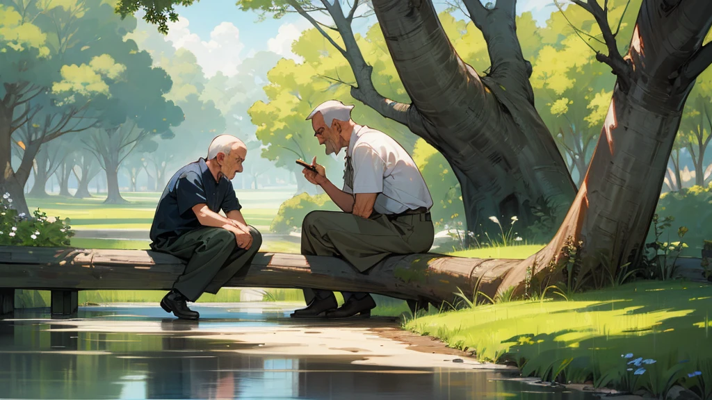 Side the River and under the tree a old man advice to a small boy