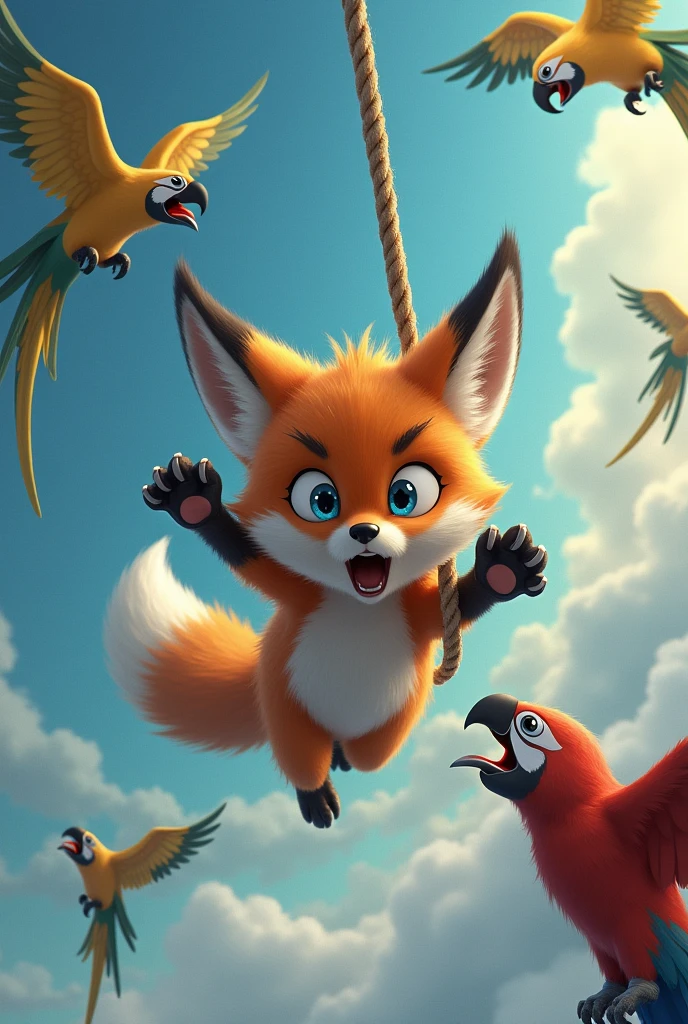 Panicked fox coming down from heaven to earth on a rope, parrots biting the rope, fox desperate to chase them away with his front paws