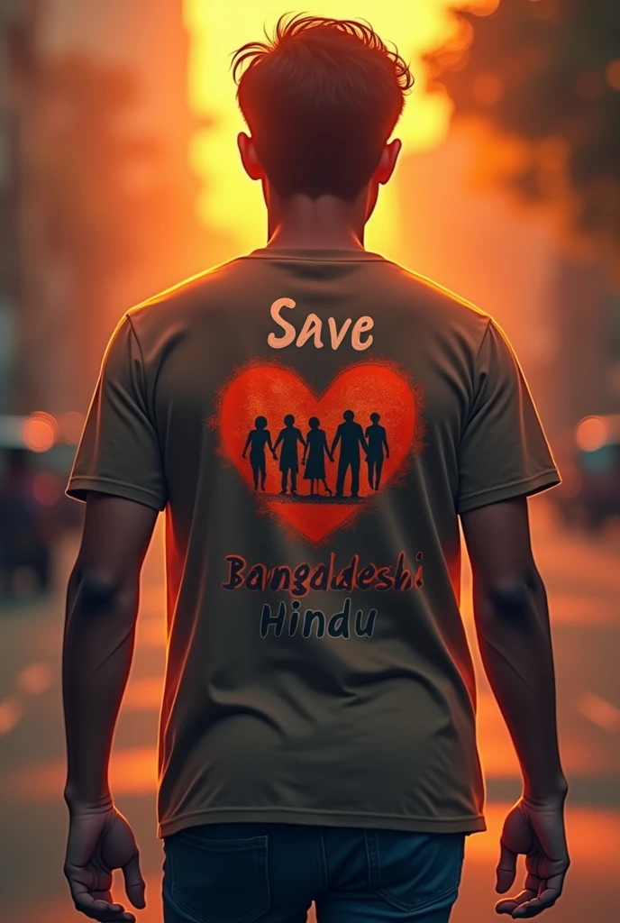 Save Bangladeshi Hindu write print t-shirt back side smart single boy walking road with blur background heart bukeh