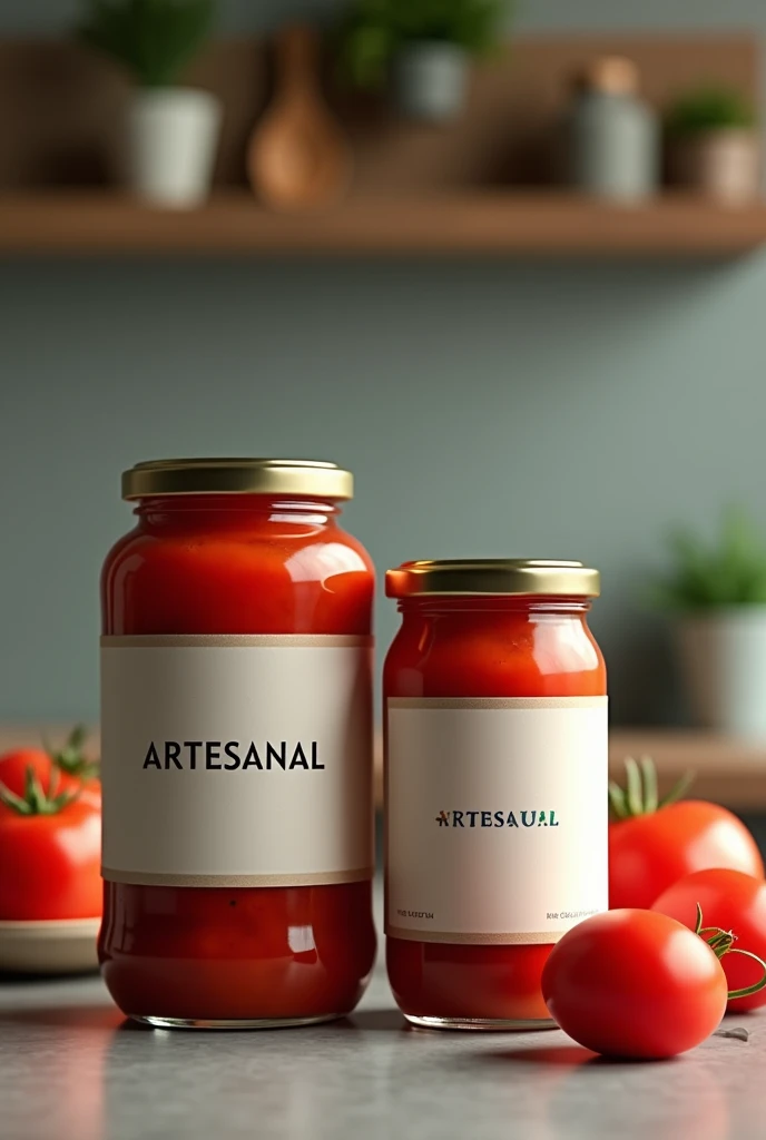 Create an image, 1 litre tomato sauce jar and a different 500ml jar,
With a label say the word:
ARTESANAL Write ARTESANAL correctly on the label Create the image in a modern kitchen,
And it looks realistic taken from a cell phone camera,
Make it look like advertising Do more with different style cans, but with the same label