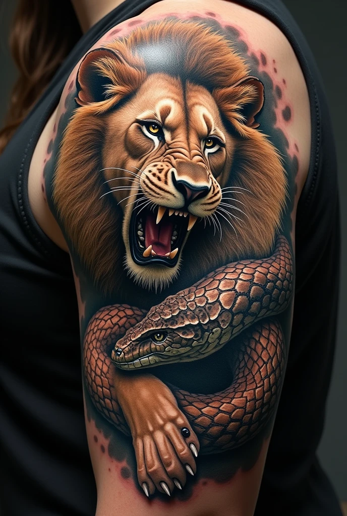 Tattoo with a lion devouring the python snake of Apollo