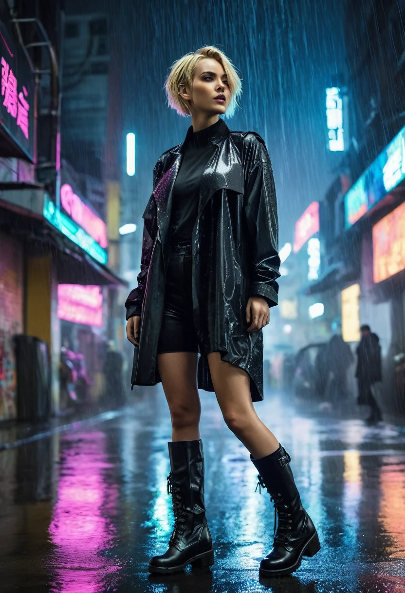 blonde woman, with short hair (( in a cyberpunk city)) ((Raining)) ((with black clothes )) ((Wearing black boots)) ((at night))