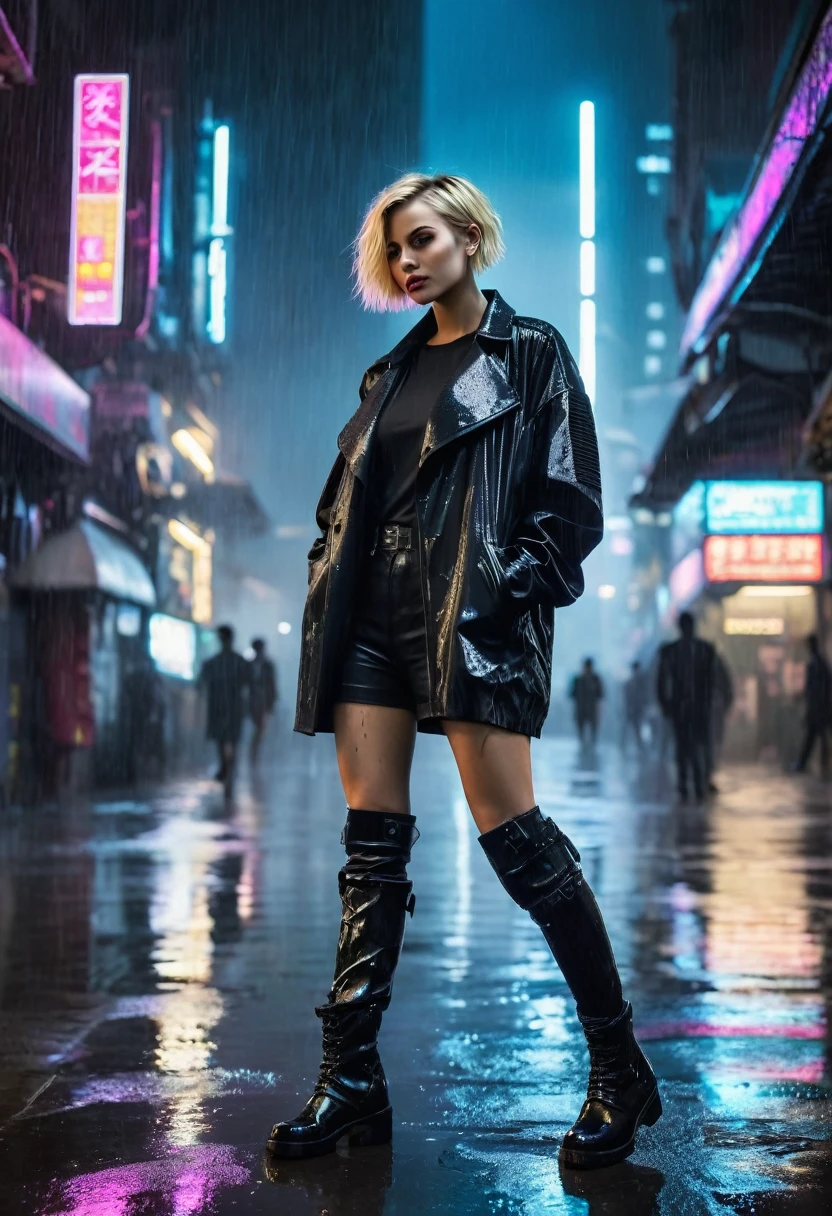 blonde woman, with short hair (( in a cyberpunk city)) ((Raining)) ((with black clothes )) ((Wearing black boots)) ((at night))
