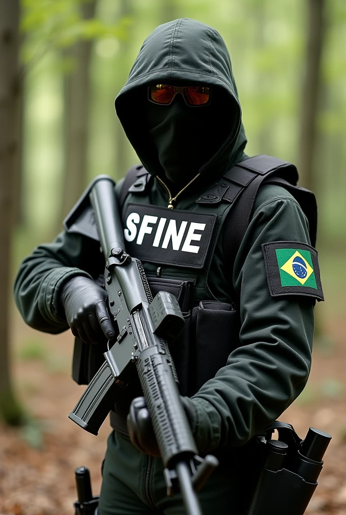 A counter terrorist with all the utility and his clothing written &#39;SFINE&#39; on the bulletproof vest and holding a Steyr AUG assault rifle,  small Brazilian flag on arm,  and the location of the photo in an open forest.
