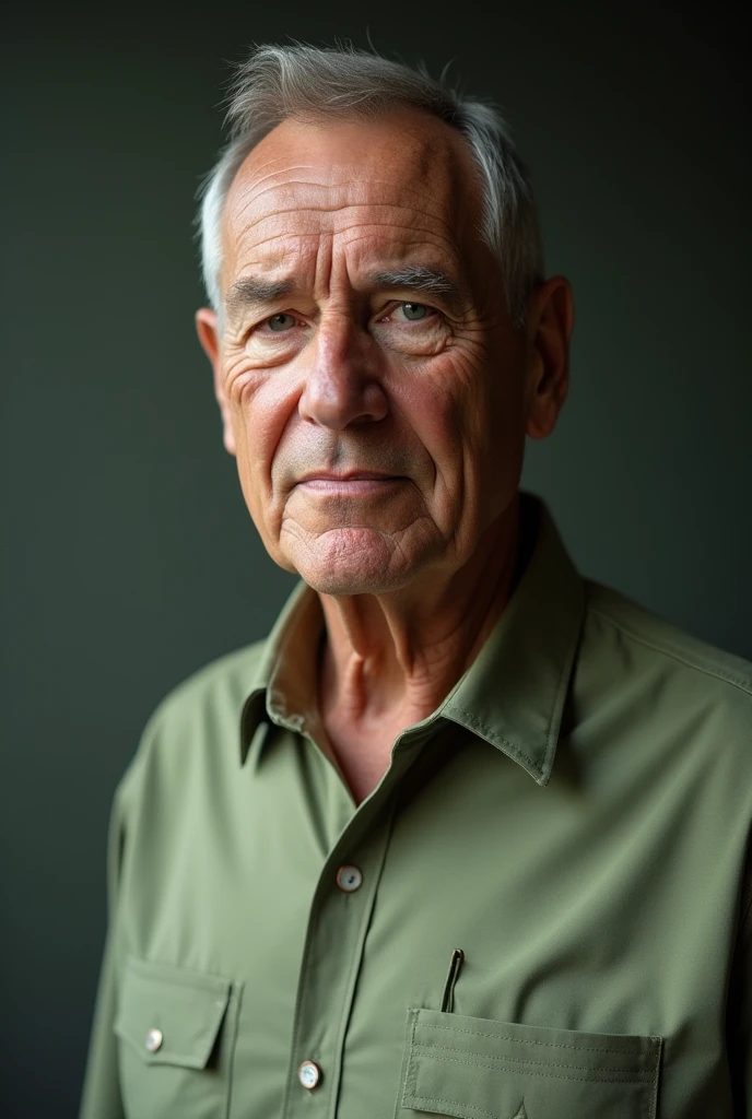 65 years old, tall and strong like a marathon runner, although the years he had spent cooped up in a room had made him accumulate excess pounds. He was wearing a poorly ironed light green dress shirt., hair was cut in military style. The expression lines above his lips indicated that he was a smoker and those around his eyes, who liked to laugh. Caucasian skin, high cheekbones, long and straight nose, square jaw and strong chin.  

create an image of the character above with a serious expression 