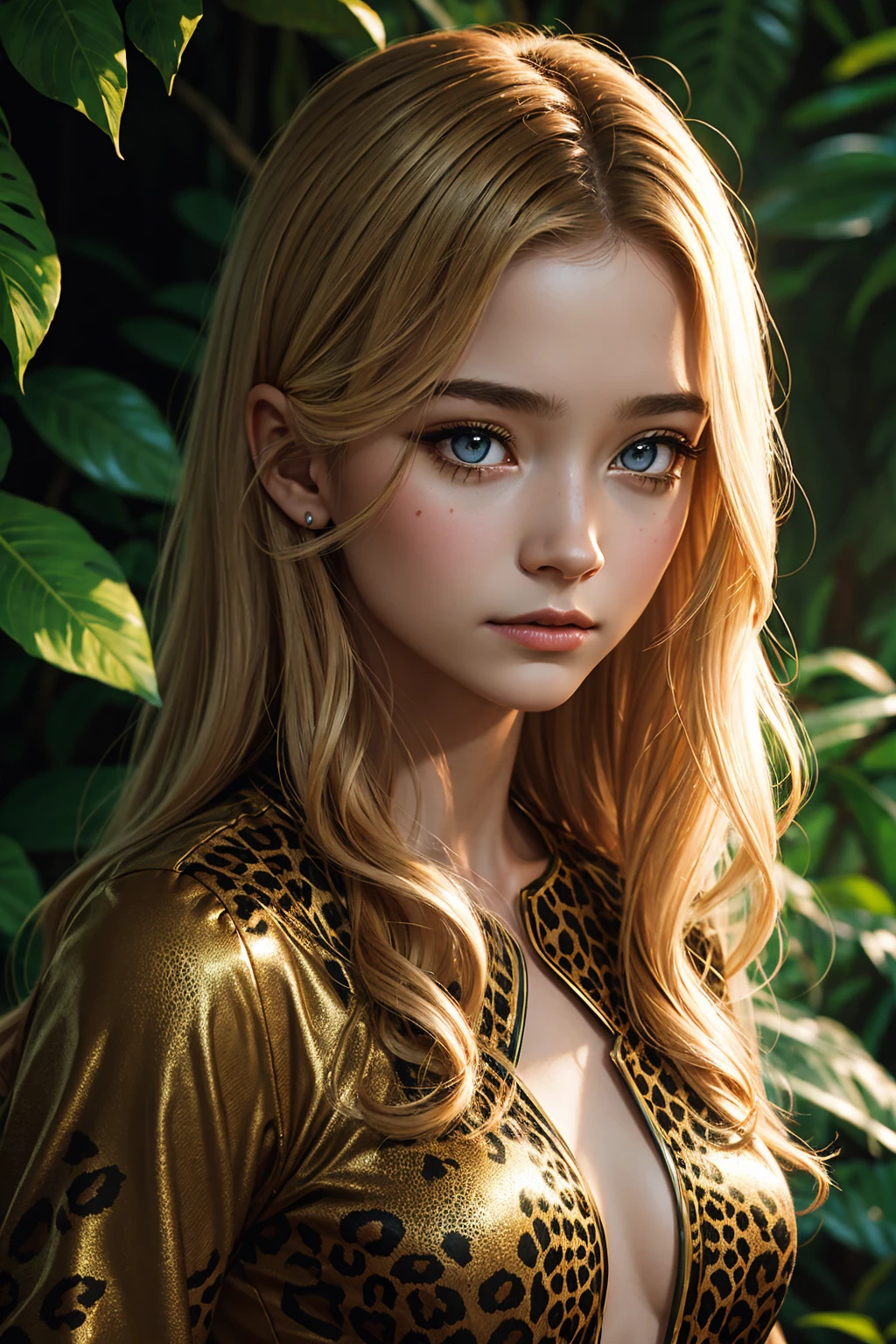 portrait Jackie Evancho, wearing cheetah costume, against the background of the rainforest, character portrait, 9 3 9 0 s, wavy hair, intricate, elegant, highly detailed, digital painting, artstation, concept art, smooth, sharp focus, illustration, art by wlop, charlie bowater and alexandra fomina, 36k, glittering, shining, correct anatomy