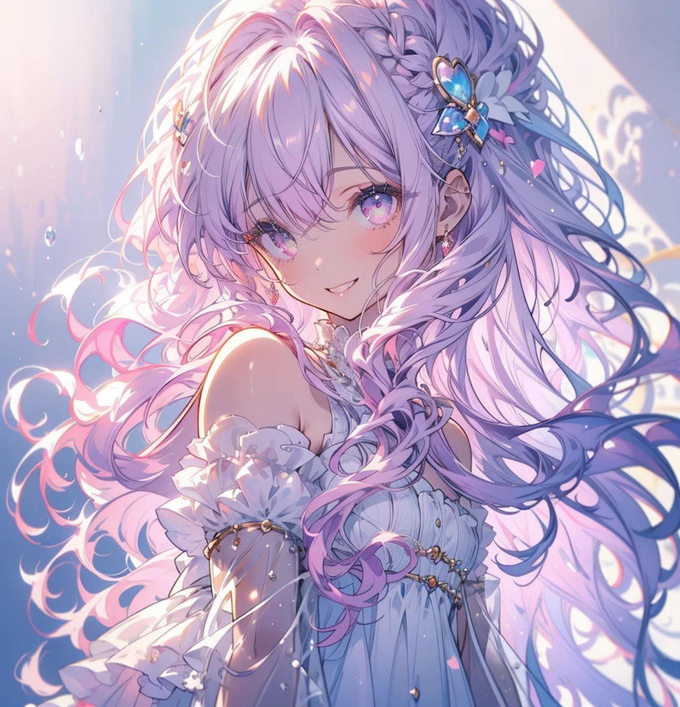 (masterpiece,Highest quality, Very detailed, beautiful, Exquisite, 16K, Full HD), ((smile,Happy:1.5)),get up,((Frills, Sparkling fluffy layered ball gown)), (Pink medium hair,Wavy Hair,Fluffy hair),(White skin,lavender eyes, Long eyelashes, Big eyes,Pale pink cheeks), (pastel colour,Fantasy art:1.2), (White Background:1.8),Facing forward,Upper Body,The body is facing forward.