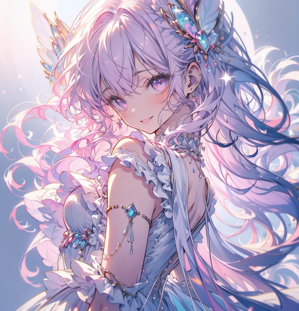 (masterpiece,Highest quality, Very detailed, beautiful, Exquisite, 16K, Full HD), ((smile,Happy:1.5)),get up,((Frills, Sparkling fluffy layered ball gown)), (Pink medium hair,Wavy Hair,Fluffy hair),(White skin,lavender eyes, Long eyelashes, Big eyes,Pale pink cheeks), (pastel colour,Fantasy art:1.2), (White Background:1.8),Facing forward,Upper Body,The body is facing forward.